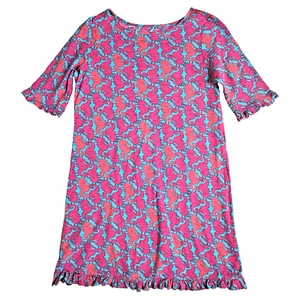 Lilly Pulitzer Cotton Dress Girls XL 12-14 Pink Blue Seahorses 3/4 Sleeves - Picture 1 of 7