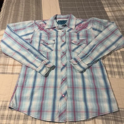 女牛仔五金女孩 XL 珍珠扣蓝色格子衬衫基督教信仰女牛仔 — 第 1/4 张图片