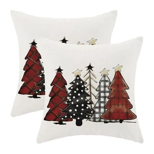 Christmas Pillow Covers 18x18 Inch Set of 2 Red Black Plaid Christmas Trees T... - Picture 1 of 7