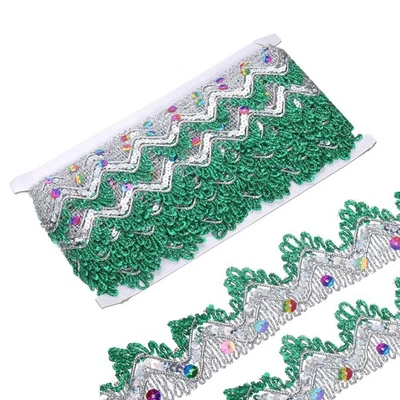 Cinta de encaje con cuentas brillantes de 10 yardas de 1,4 pulgadas para manualidades hágalo usted mismo, verde/plateado Foto 1 de 4