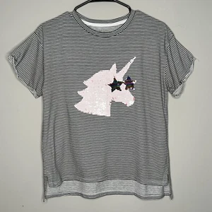 Arizona Top Girls 14 White Stripe Sequin Unicorn Short Sleeve - Picture 1 of 10