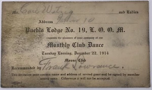 Antique 1914 Pueblo MOOSE CLUB LODGE No 19 Dance Invitation - Picture 1 of 2