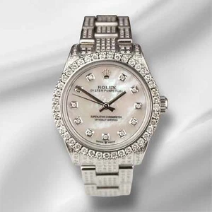 Rolex Oyster Perpetual 31mm Midsize ICED 8ct Diamonds Pearl Steel Watch 177234 - Picture 1 of 10