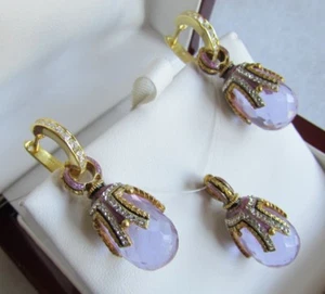 ALEXANDRITE EARRINGS & PENDANT SET HANDMADE RUSSIAN SOLID STERLING SILVER 925 - Picture 1 of 8