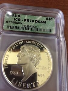 1993-S $1 Thomas Jefferson IGC PR70 DCAM Commemorative Silver Dollar Coin $450