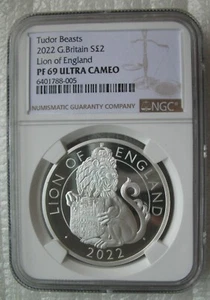 Gran Bretaña Reino Unido £2 2022 Moneda de Plata Prueba Bestias Tudor León de Inglaterra NGC PF69 - Imagen 1 de 4