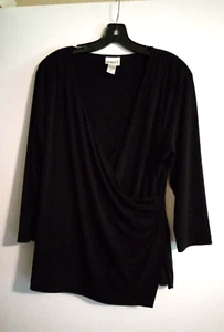 Chico's Top Size 2 Large Women's Solid Black Classy Draped V-Neck Blouse Ruched - Picture 1 of 9