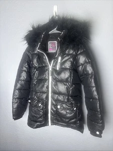 Justice Girls' Winter Puffer Black Coat Faux Fur Lined Hood Size 10/12 - Picture 1 of 9