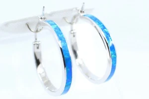 925 Sterling Silver w Lab-Created Opal Blue Inlay Hoop Earrings - Rhodium, Large - Picture 1 of 5