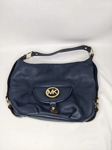 Michael Kors Fulton Lg Dark Blue Pebble Leather Shoulder Hand Bag Purse - Picture 1 of 7