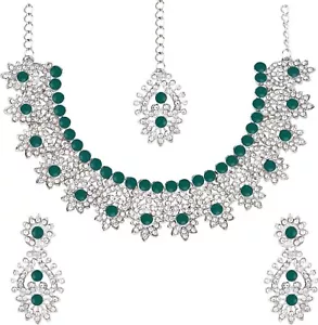 Green Indian Bollywood Wedding Bridal Silver Plated Necklace Earrings Tikka Set - Picture 1 of 4