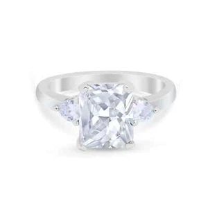 Three Stone Wedding Ring Emerald Cut CZ Lab Created 925 Sterling Silver 11mm - Picture 1 of 27
