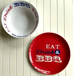 8 piezas ROJO BLANCO AZUL MELAMINA 8"" CUENCOS 9"" PLATOS COMER BEBIDA BARBACOA PICNIC Resistencia a Chips - Imagen 1 de 1
