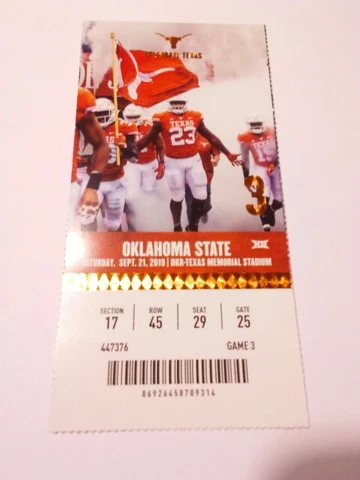 2019 Texas Longhorns Oklahoma State Cowboys Football Full Ticket Stub Cover