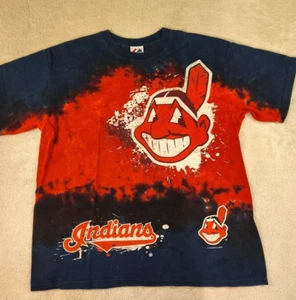 VTG Majestic Indians Men's L Big Giant Chief Wahoo 90's Paint Splatter Tie Dye - Picture 1 of 17