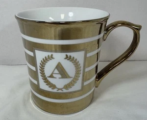 10 STRAWBERRY STREET Letter Initial "A” Gold Coffee Mug DOUBLE SIDED Striped - Picture 1 of 8