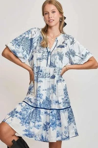 Umgee Full Size Two Tone Landscape Print Dress Plus Size - Picture 1 of 4