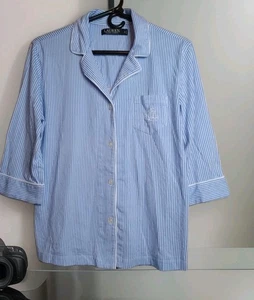 Lauren Ralph Lauren Womens Cotton LS Button Down Blue Striped Pajama PJ Shirt M - Picture 1 of 12