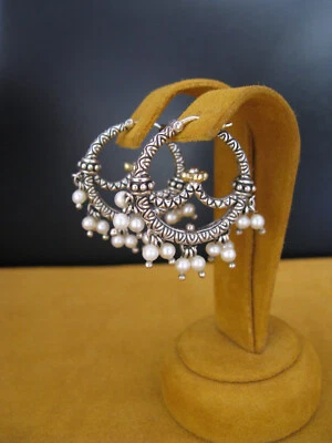 BARBARA BIXBY PEARL HOOP EARRINGS SS 18K FLOWER CARVED HONORA DESIGNER Gift - Image 1 of 2