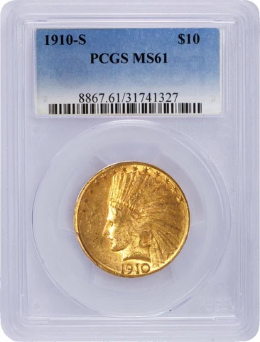 1910 S $10 Indian Head Gold Eagle PCGS MS61 Uncirculated Coin Cover