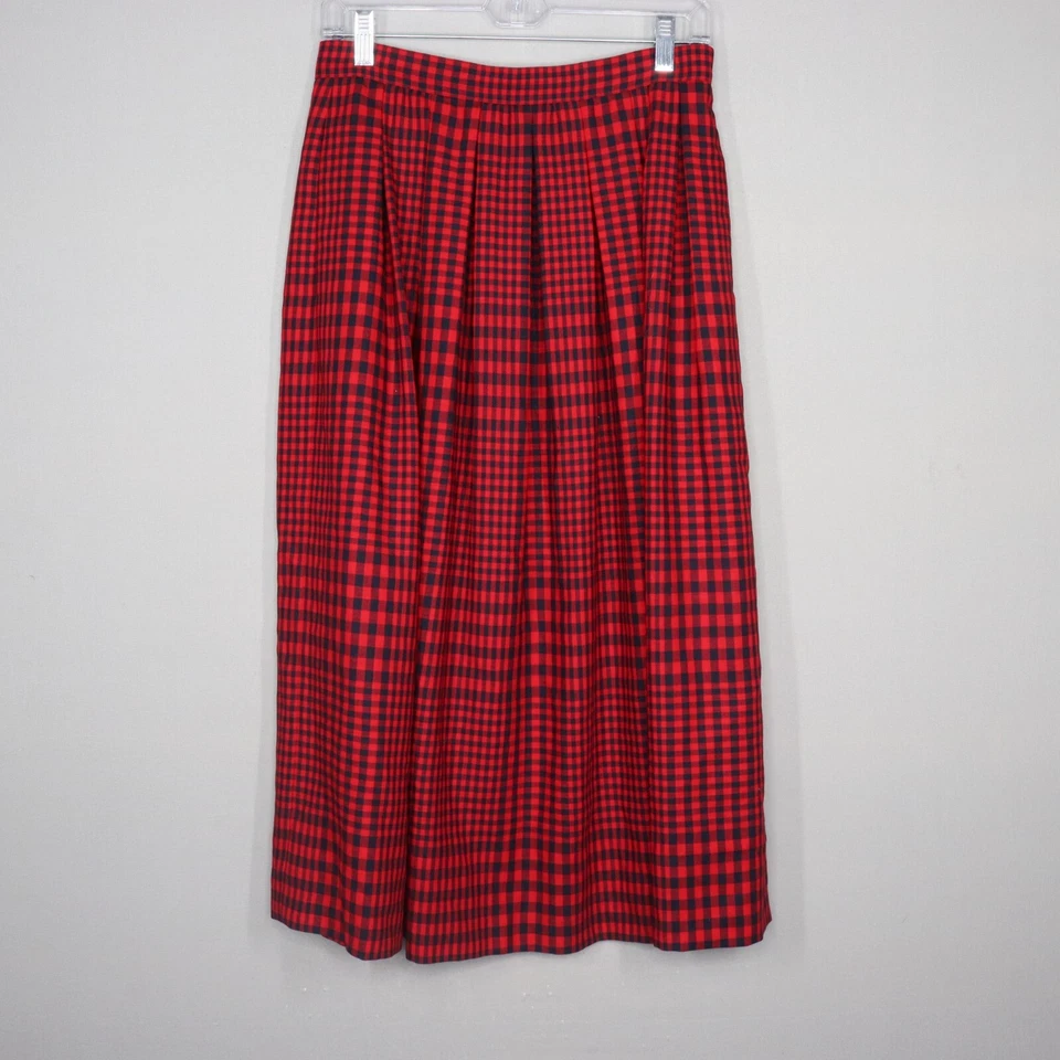 Liz Claiborne Midi Skirt Womens Size 10 Petite Red Gingham Pleated Wool Vintage - Image 1 of 4