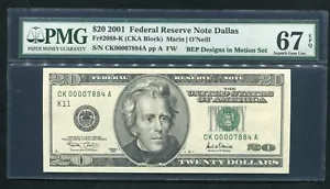 FR. 2088-K 2001 $20 FRN DALLAS, TX “BEP DESIGNS IN MOTION SET” PMG GEM UNC-67EPQ - Picture 1 of 2
