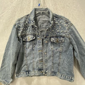 Denim Jean Jacket Pearls New Collection Women's XL Blue Button Up Waist Length - Picture 1 of 16