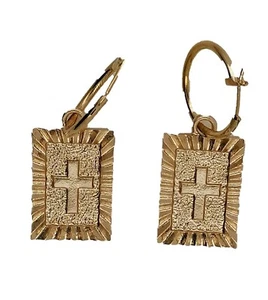 Gold coloured rectangle drop earrings with cross - Picture 1 of 5