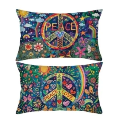 Peace Sign Pillow Covers Linen Blend Set Of 2 Zipper Closure COVERS ONLY 12x20" - Image 1 of 3