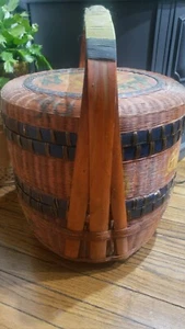 Antique Bamboo Storage Basket Large Chinese Round, Wedding,Rice,Hand Painted - Picture 1 of 10