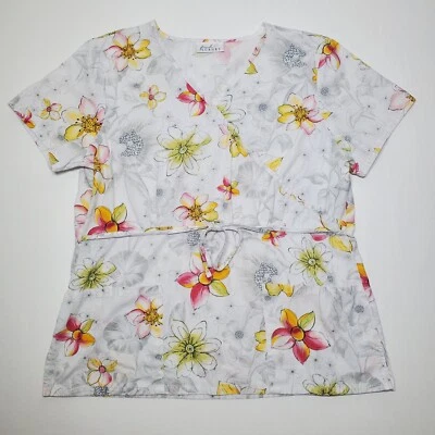 Fresh Scrubs Pale Pink Yellow Flowers XS Floral Scrub Top - Image 1 of 4