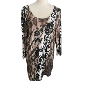 Chico’s Travelers Artsy Gold Swirls Brown Asymmetrical Tunic Top Women Sz L (2) - Picture 1 of 7