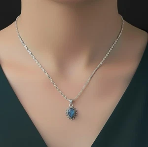 Natural Labradorite Pear Cut Sterling Silver 925 Pendant Necklace Jewellery Gift - Picture 1 of 5