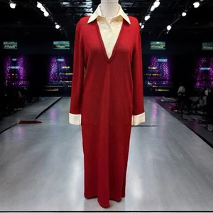 VTG Zang Toi Womens Knit Dress Red w/Sequin Beads Sz L Wool Blend White Inset - Picture 1 of 11