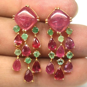 925 Sterling Silver Red Ruby & Green Emerald Earrings 18K Gold Plated - Picture 1 of 4