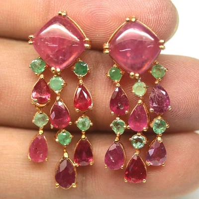 925 Sterling Silber Rot Rubin & Grün Smaragd Ohrringe 18K Vergoldet - Bild 1 von 4