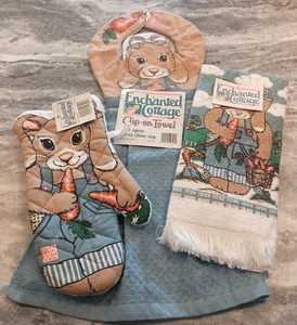 Vintage Enchanted Cottage Bunny Rabbit Kitchen Towels & Oven Mitt 3 pc Set NWT - Picture 1 of 8