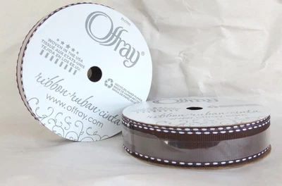 Offray Ribbon White Dash on Brown  5/8  inch Grosgrain Polyester Ribbon, 2x9' - Image 1 of 2