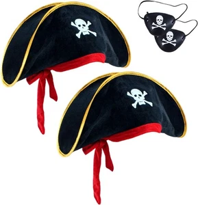 2 Pieces Pirate Hat Skull Print Pirate Captain Costume Cap - Pirate Accessories - Picture 1 of 7