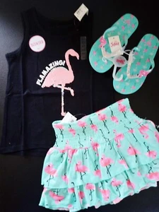 NWT Justice Girls Outfit Flip Sequin Flamingo Top/Skort/Flip Flops Size 6 7 (6) - Picture 1 of 4