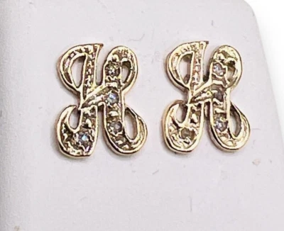 14k Yellow Gold Script Initial Letter H Natural Diamond Stud Earrings - Image 1 of 4