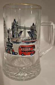 Clear Glass BEER STEIN Mug London Scenes England with gold metallic rim - Picture 1 of 7