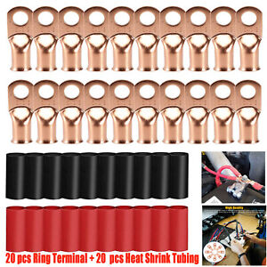 40 pcs 1/0 AWG Gauge Copper Lugs w/RED & BLACK Heat Shrink Ring Terminals Set