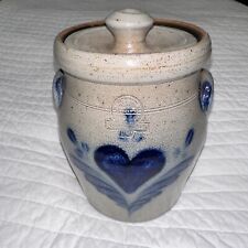 Salt Glaze Rowe Pottery Works Crock Jar /Lid Cookie  heart Storage EUC 1987
