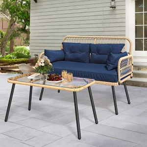 2PC Outdoor Loveseat Patio Furniture Wicker All-Weather Rattan Conversation set - Picture 1 of 6