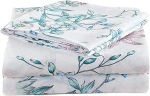 JSD White Blue Floral Printed Sheet Set Queen Size, 4 Piece Botanical Microfiber - Picture 1 of 12
