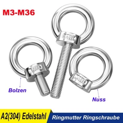 Ringmutter Ringschraube Edelstahl M3 M4 M5 M6 M8 M10-M36 Verzurröse Auge Ring - Bild 1 von 4