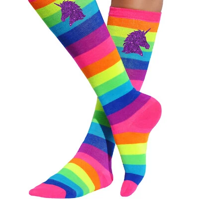 Women's Rainbow Knee High Socks Long Striped Leg Warmers Girls Stockings Unicorn - Image 1 of 2