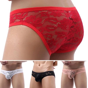 Mens Lace Briefs Underwear Sexy Low Waist Underpants Sissy See Through Lingerie - Picture 1 of 19