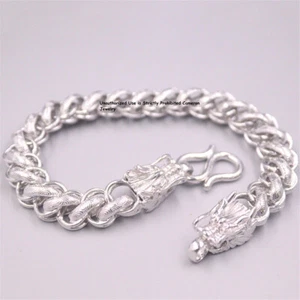 Pure S999 Fine Silver Link Chain Men 10mm Dragon Thailand Bracelet 34-35g 8.3in - Picture 1 of 5